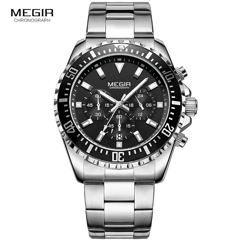 

Megir Man's Analogue Chronograph Quartz Watch with Stainless Steel Bracelete Luminous Wristwatch for Boys Calendar 24-Hour 2064G