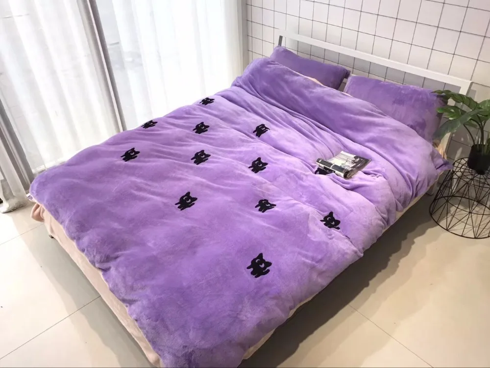 Winter Worm Velvet Purple Bedding Sets Fleece King Size Comforter Quilt Duvet Cover Set Bedclothes Queen 4 Pcs Bed Linen