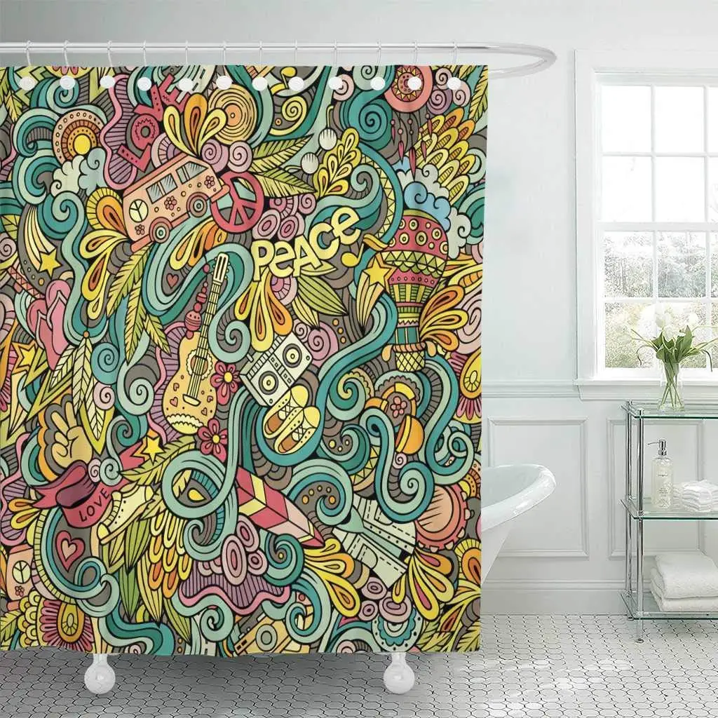Eco-friendly Shower Curtain with Hooks Hippy Cartoon Doodles on The Subject of Hippie Style Colorful Marijuana Music Love
Eco-friendly Shower Curtain with Hooks Hippy Cartoon Doodles on The Subject of Hippie Style Colorful Marijuana Music Love