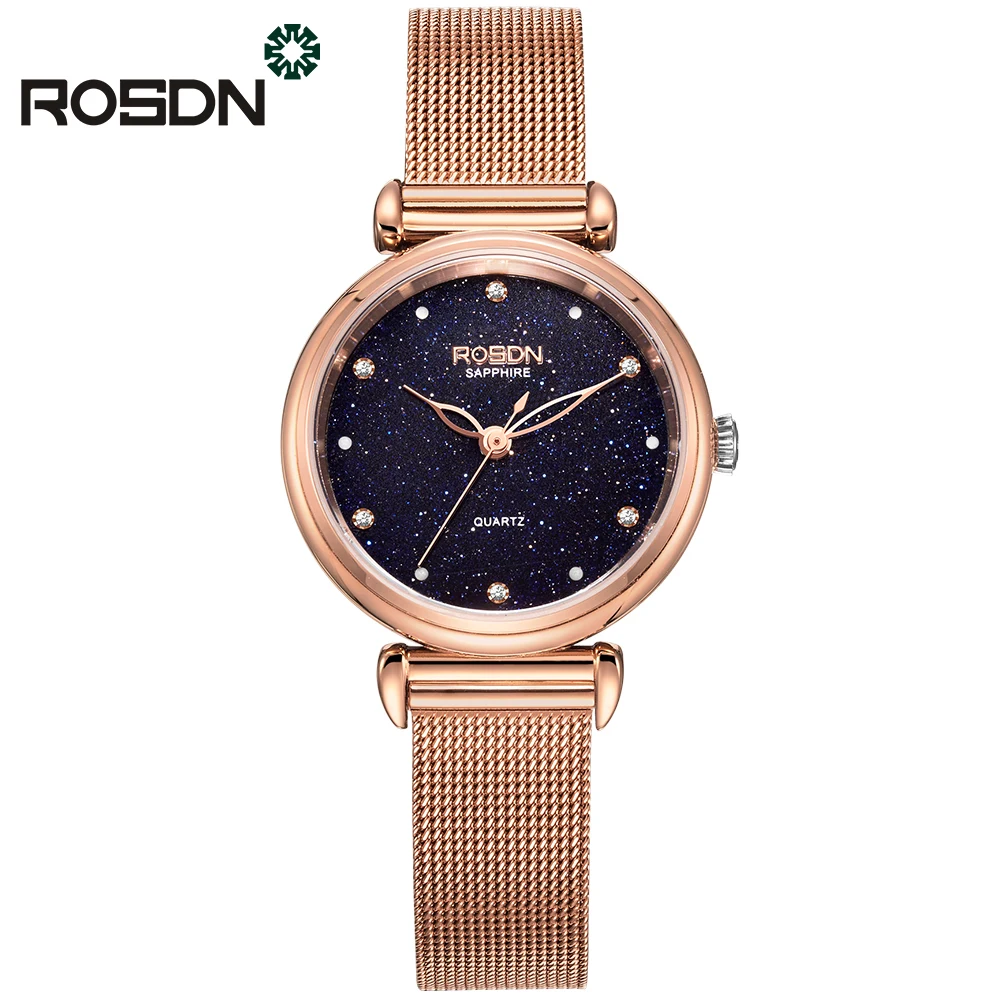 Shiny Starry Women Wrist Watch ROSDN Luxury Watches Rose Gold Womens Watches Ladies Watch Clock montre femme relogio feminino