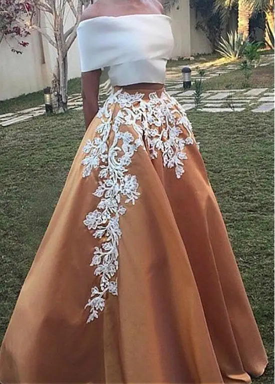 2019 Gold Ivory Taffeta Two Pieces Prom Dresses Long Off the Shoulders Lace Appliques Formal Vintage 2 Pieces Prom Party Dresses
2019 Gold Ivory Taffeta Two Pieces Prom Dresses Long Off the Shoulders Lace Appliques Formal Vintage 2 Pieces Prom Party Dresses