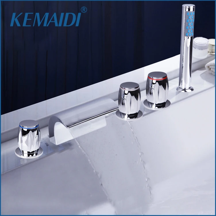 

KEMAIDI Chrome Polish Solid Brass 3 Handles Taps Bathroom Waterfall Bathtub 5 PCS Faucet Basin Sink Mixer Taps Hand Shower Set