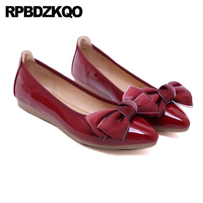 Cheap Pointed Toe Large Size Chinese Patent Leather 2021 Shallow Shoes Ladies Soft Ballet Flats Women Slip On Red Wine Gray Bow | Обувь