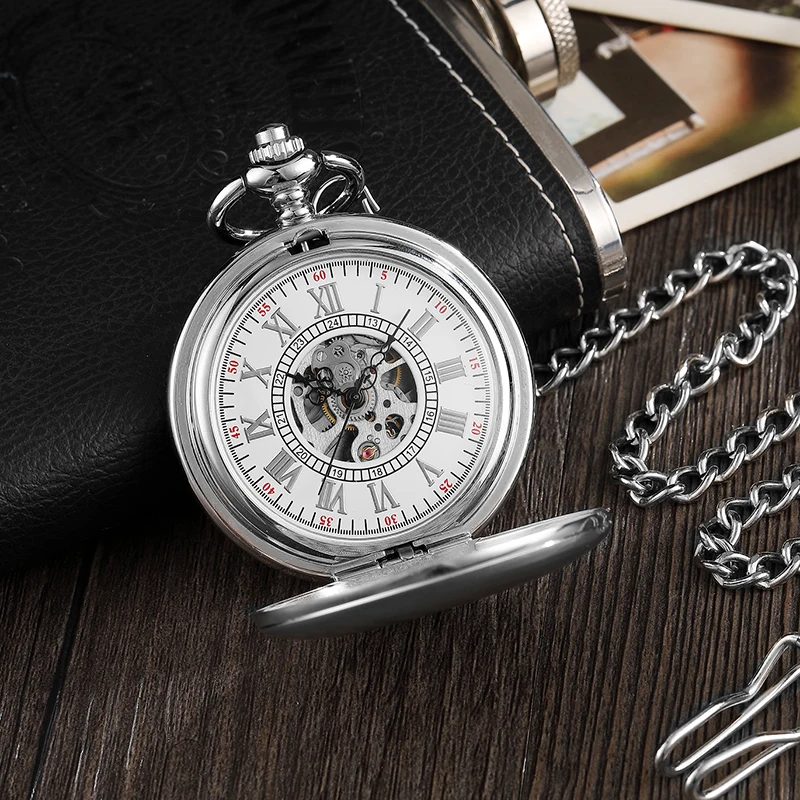 Silver Steel Smooth Case Hand-winding Mechanical Pocket Watch Roman Numerals Dial Fob Chain Watch Men Women Pendent Steampunk
Silver Steel Smooth Case Hand-winding Mechanical Pocket Watch Roman Numerals Dial Fob Chain Watch Men Women Pendent Steampunk