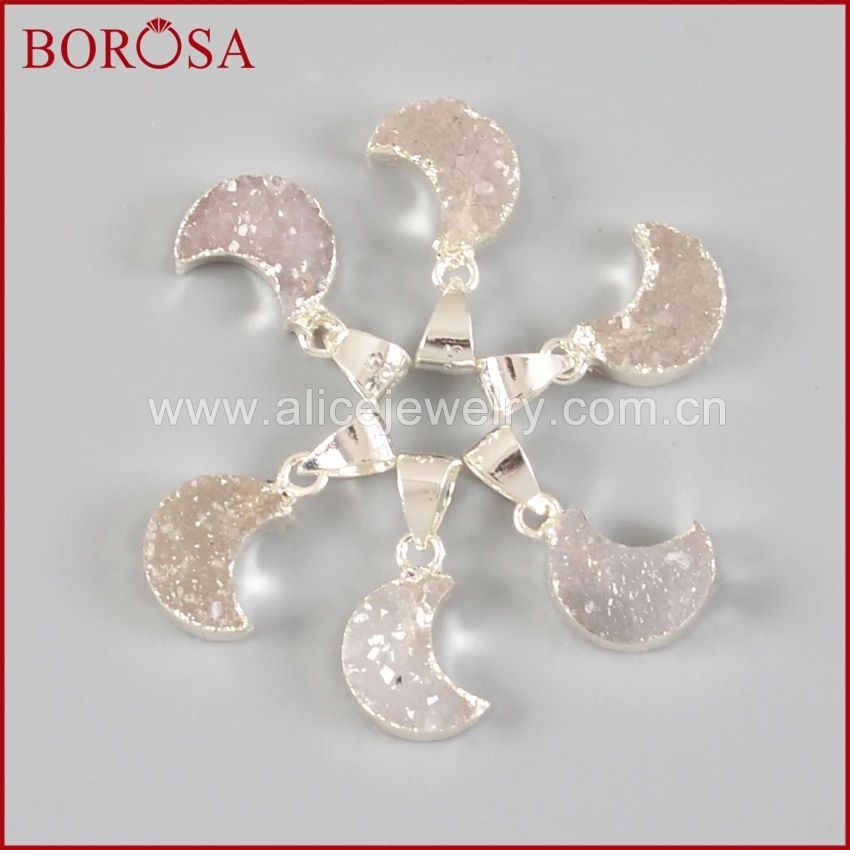 

BOROSA Natural Crystal Druzy Moon Pendant Beads Crescent Silver Color Natural Crystal Drusy Necklace Charms for Women SS120