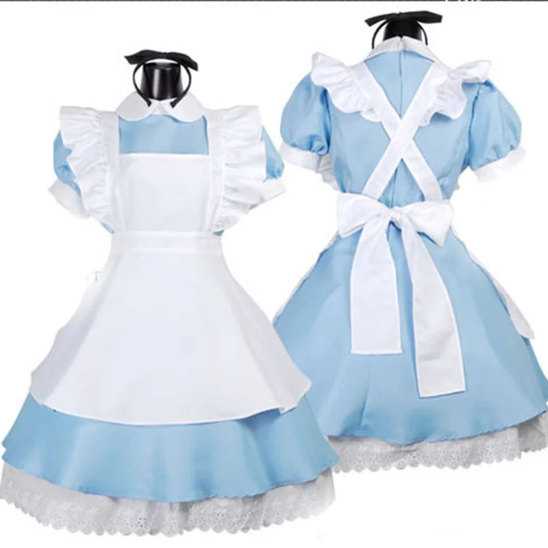 Anime Lovely Maid Outfit Cosplay Costume Water Blue Fancy Dress /& Black Headband
