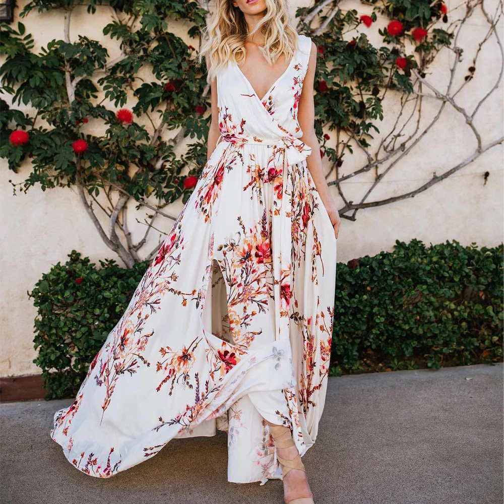 Women Long Maxi Dress Sexy deep V neck Floral Print Split Beach Dresses 2018 Sleeveless Boho Dress with belt
Women Long Maxi Dress Sexy deep V neck Floral Print Split Beach Dresses 2018 Sleeveless Boho Dress with belt