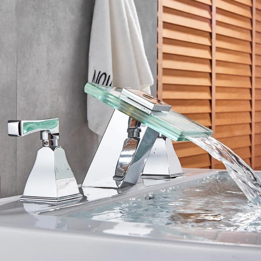 Dual Handles Waterfall Basin Sink Faucet Glass Spout Vessel Sink Mixer Tap Deck Mounted Bath Sink Tap