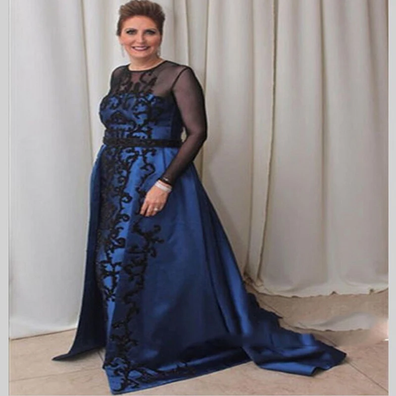 Long Sleeve Black Appliques Blue Satin Evening Dresses A-Line Plus Size Court Train robe de soiree Scoop vestido mae da noiva
Long Sleeve Black Appliques Blue Satin Evening Dresses A-Line Plus Size Court Train robe de soiree Scoop vestido mae da noiva