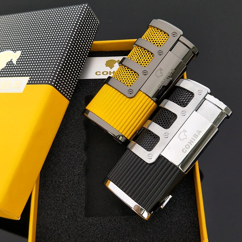 COHIBA Gridding Stripes Style Turbo Lighter Pocket Butane Gas Windproof Triple Torch Jet Flame Cigar Cigarette Lighter
COHIBA Gridding Stripes Style Turbo Lighter Pocket Butane Gas Windproof Triple Torch Jet Flame Cigar Cigarette Lighter