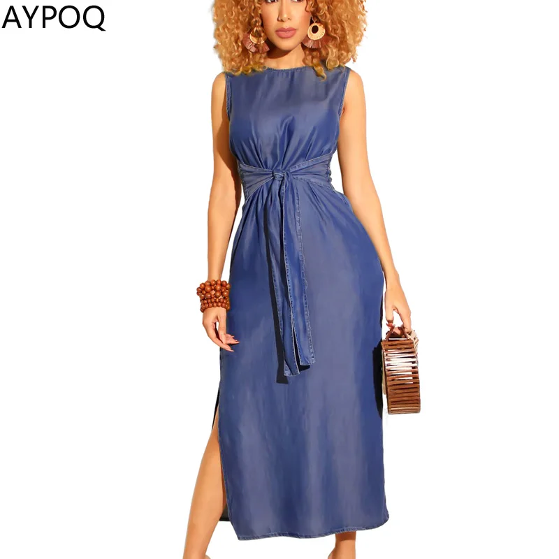 AYPOQ Simple Solid Bodycon Bandage Denim Dress Women Slim Sleeveless High Split Lady Summer Elegant Long Dresses Cotton Vestido
AYPOQ Simple Solid Bodycon Bandage Denim Dress Women Slim Sleeveless High Split Lady Summer Elegant Long Dresses Cotton Vestido