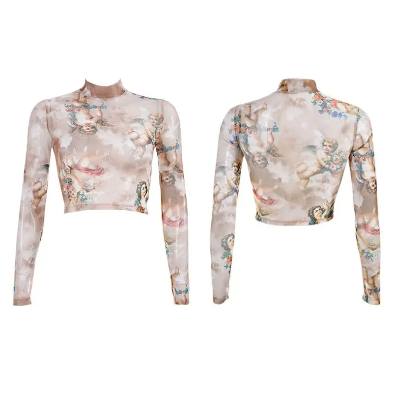 Women Spring Long Sleeves Bodycon Crop Top Mock Neck Romantic Colored Angel Cupid Floral Printing T-ShirtSee Through Mesh Party
Women Spring Long Sleeves Bodycon Crop Top Mock Neck Romantic Colored Angel Cupid Floral Printing T-ShirtSee Through Mesh Party