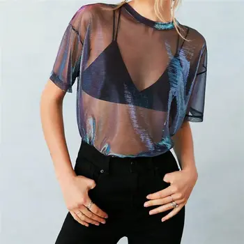 2018 Sexy Holographic Mesh Sheer Top T Shirt Women Short Sleeve Transparent Shiny Club Punk Tee Shirt Femme Tunic Summer
2018 Sexy Holographic Mesh Sheer Top T Shirt Women Short Sleeve Transparent Shiny Club Punk Tee Shirt Femme Tunic Summer