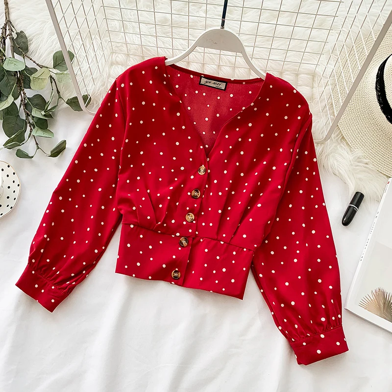 Spring New Korean Women's V-neck Long-sleeved Single Breasted Short High-waist Slim Chiffon Tops E097
Spring New Korean Women's V-neck Long-sleeved Single Breasted Short High-waist Slim Chiffon Tops E097