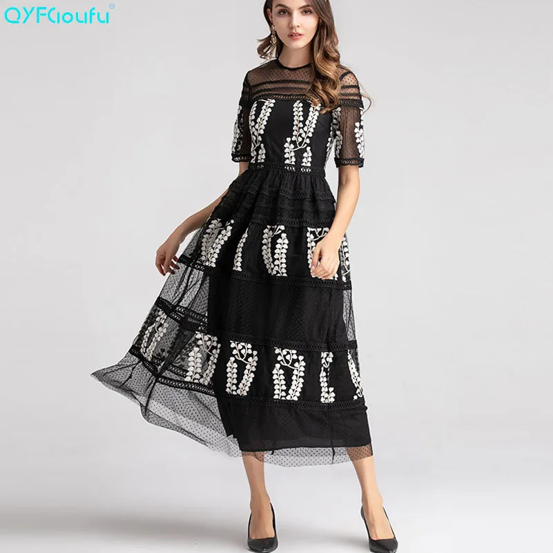 QYFCIOUFU New 2019 Designer Vintage Black Tulle Embroidery Dress Women Summer Midi Dress Short Sleeve High Quality Runway Dress
QYFCIOUFU New 2019 Designer Vintage Black Tulle Embroidery Dress Women Summer Midi Dress Short Sleeve High Quality Runway Dress