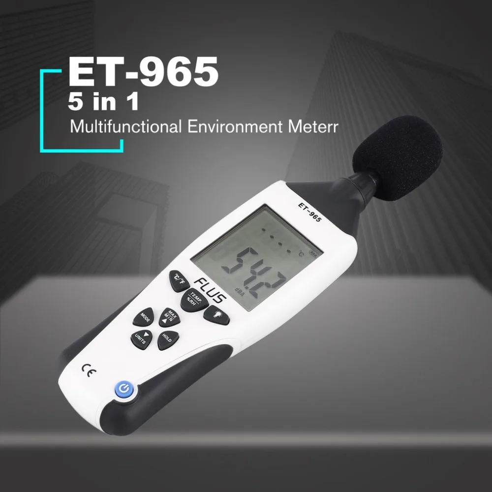 FLUS ET-965 5 in 1 Digital Environment Meter Thermometer Hygrometer Anemometer Sound Level Light Air Velocity Humidity Tester 
FLUS ET-965 5 in 1 Digital Environment Meter Thermometer Hygrometer Anemometer Sound Level Light Air Velocity Humidity Tester