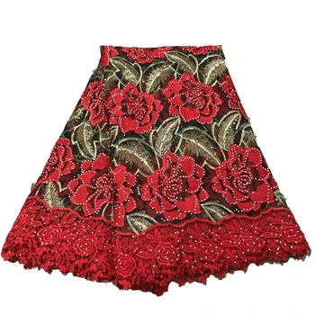 Pretty Red / Gold French Rose Embroidery African Guipure Net Lace Fabric With Large Stones X521-1