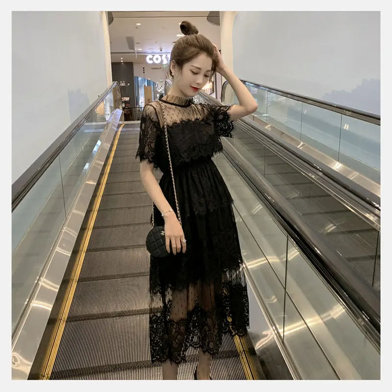 Korea women's clothing mesh yarn to receive waist long lace dress short sleeved perspective round neck black women summer dress
Korea women's clothing mesh yarn to receive waist long lace dress short sleeved perspective round neck black women summer dress
