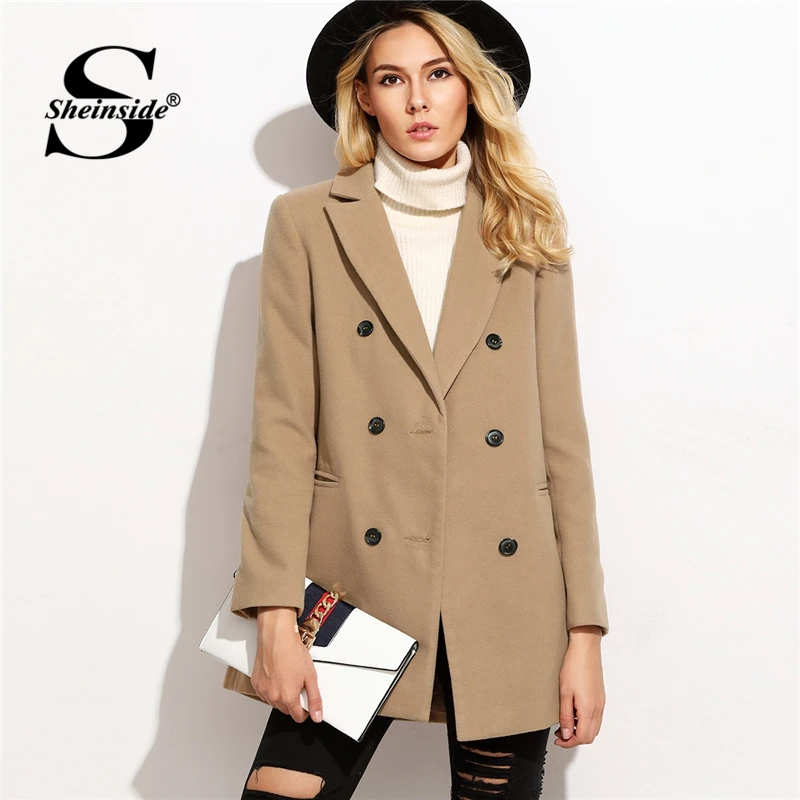 

Sheinside Pink Camel Notched Pea Coat Women Casual Outerwear Womens Autumn 2018 Double Breasted Ladies Coats With Welt Pocket