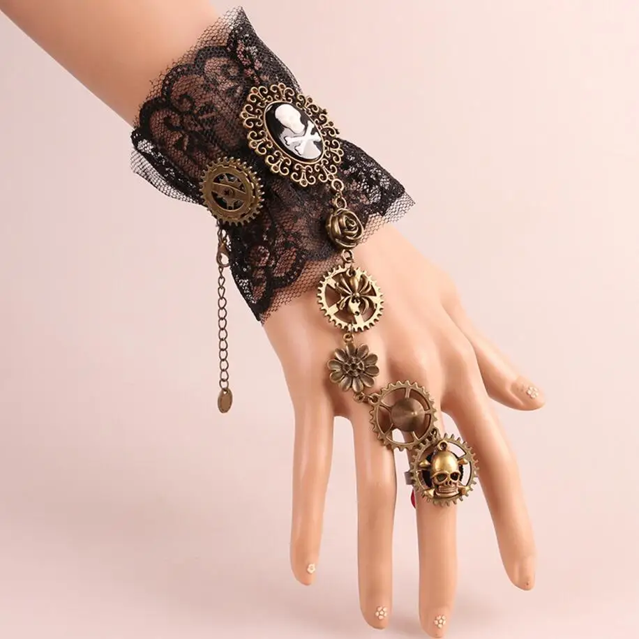 

Vintage Gothic Skull/Portrait/Butterfly/Clock Mixed with Gears Steampunk Lace Bracelet Cosplay Party Accessory