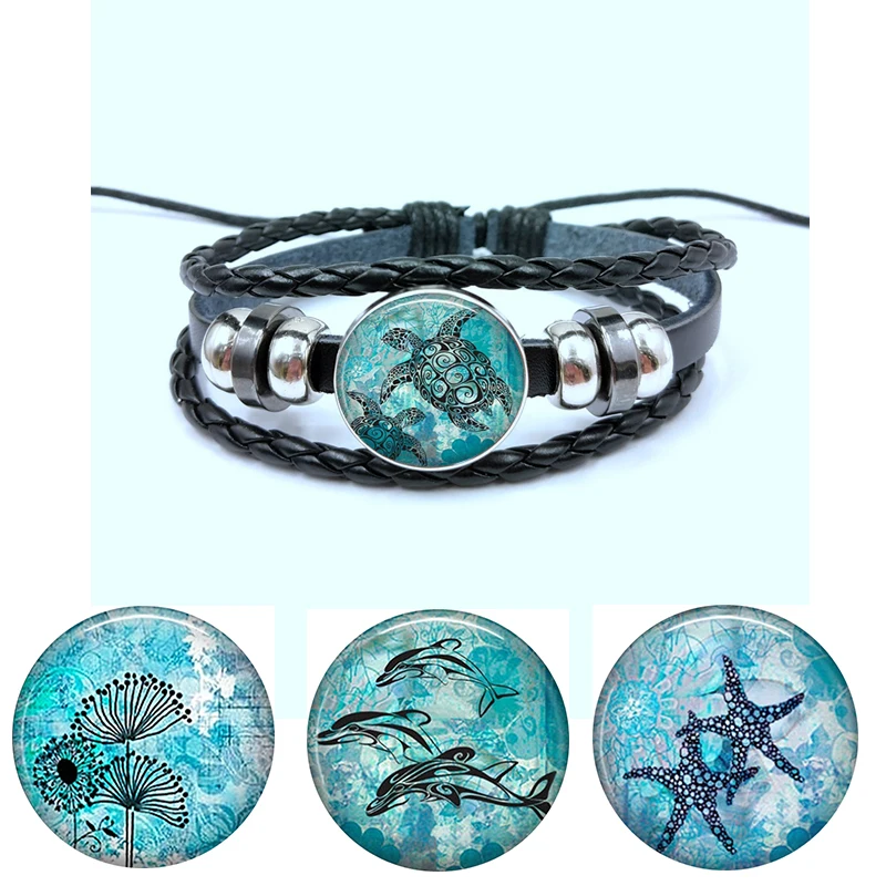 Blue Ocean Starfish Turtle dolphin Glass Cabochon Button Braided Leather bracelets Fashion Fine Jewelry For Women
Blue Ocean Starfish Turtle dolphin Glass Cabochon Button Braided Leather bracelets Fashion Fine Jewelry For Women