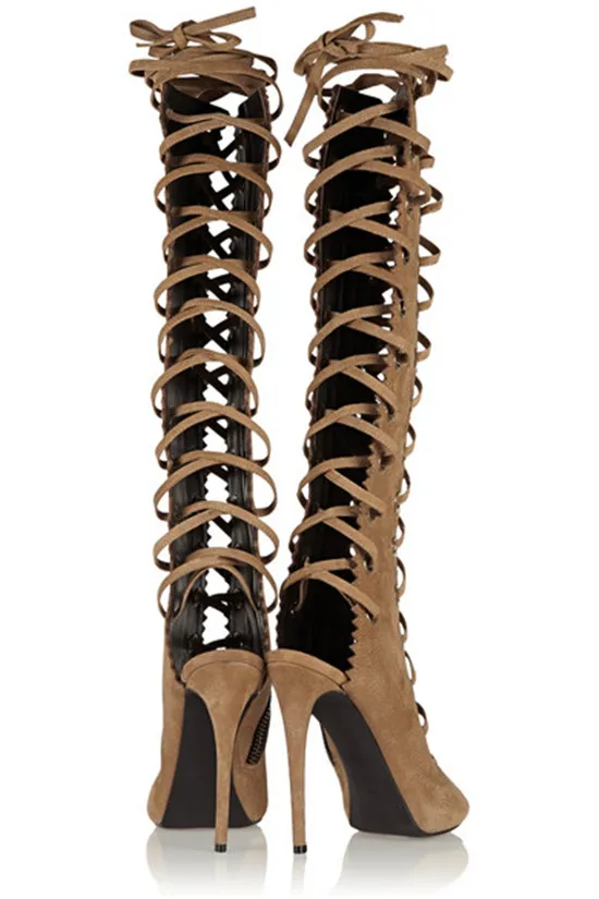 New Open Toe Cut Outs Women Boots Shoes Woman Lace Up Knee High Boots Gladiator Women Sandals Boots High Heels Shoes Botas Mujer (4)