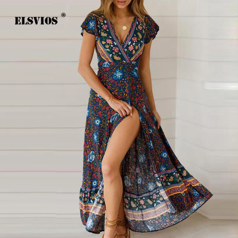 ELSVIOS Vintage Floral Print V-neck Bohemian Women Dress Summer Short Sleeve Beach Long Dress Casual Loose Split Maxi Dress Belt
ELSVIOS Vintage Floral Print V-neck Bohemian Women Dress Summer Short Sleeve Beach Long Dress Casual Loose Split Maxi Dress Belt