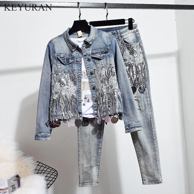 European Spring Autumn Women Fashion Sequins Short Denim Jacket Coat + Hole Jeans Two Piece Vintage Denim Set Student Streetwear
European Spring Autumn Women Fashion Sequins Short Denim Jacket Coat + Hole Jeans Two Piece Vintage Denim Set Student Streetwear