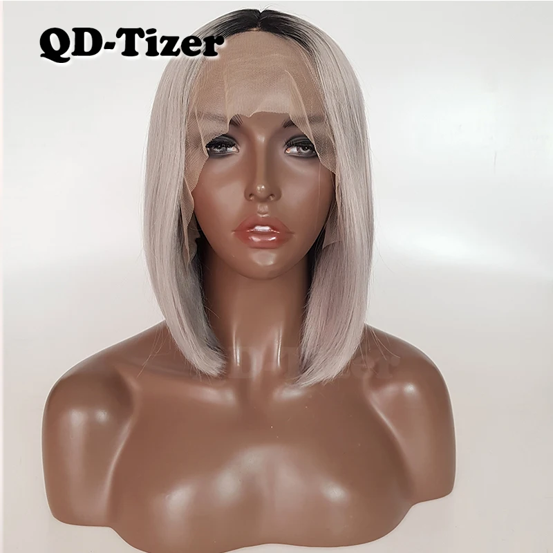 QD-Tizer 1B серые кружевные передние парики прямые Короткие для женщин | Шиньоны и