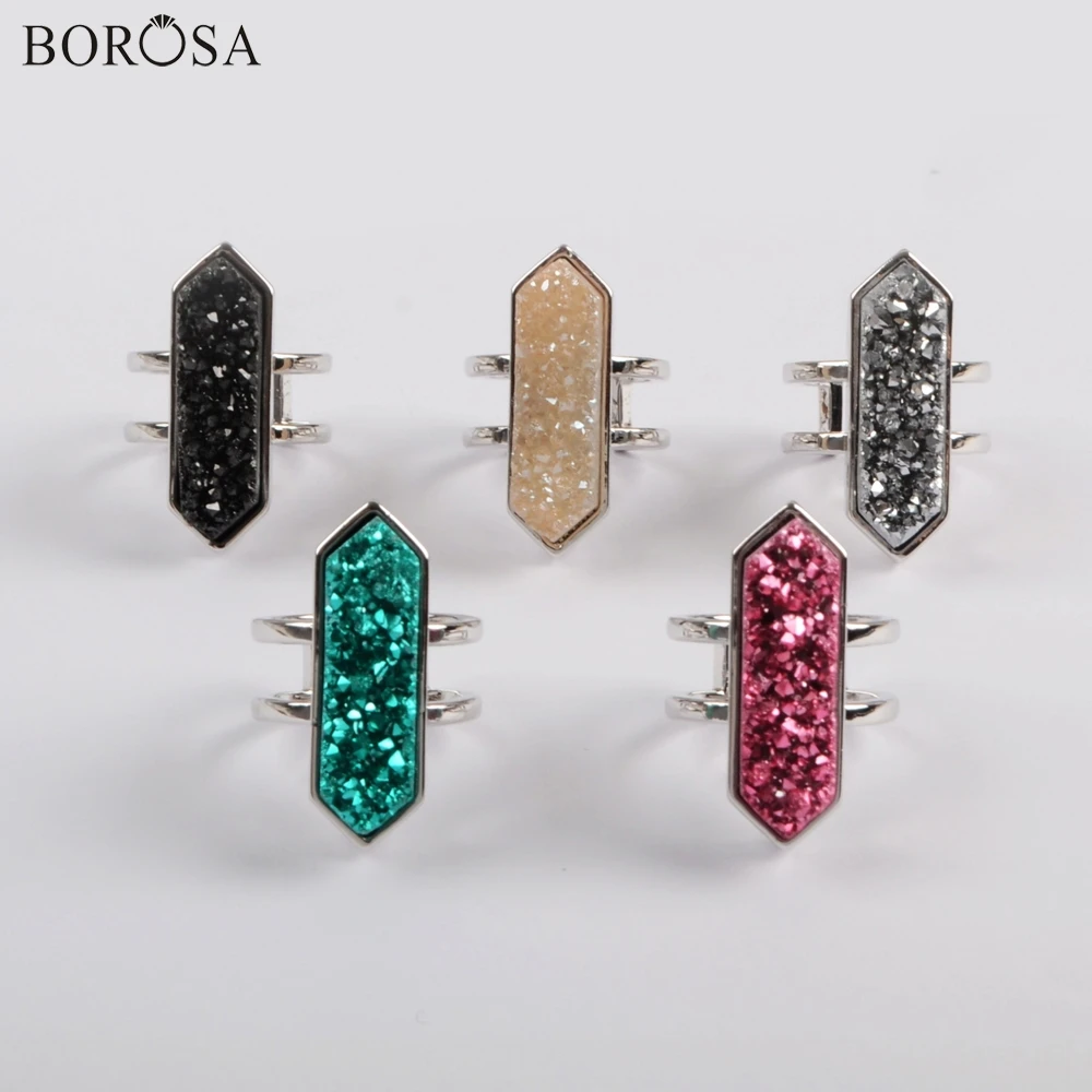 BOROSA 5Pcs High Quality Hexagon Silver Bezel Natural Agates Druzy Rings Titanium Rainbow Plating Drusy Open Ring Jewelry ZS0425
BOROSA 5Pcs High Quality Hexagon Silver Bezel Natural Agates Druzy Rings Titanium Rainbow Plating Drusy Open Ring Jewelry ZS0425