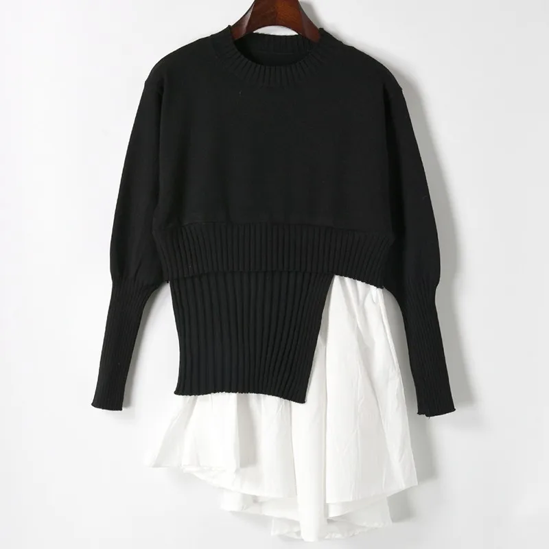 2018 Women Black White Patchwork Sweater Long Sleeve O-neck Fake Two Piece Sweater Autumn Winter Irregular Cool Pullovers Tops
2018 Women Black White Patchwork Sweater Long Sleeve O-neck Fake Two Piece Sweater Autumn Winter Irregular Cool Pullovers Tops