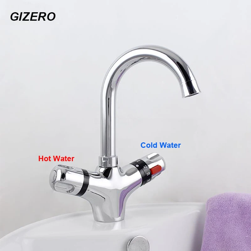 

GIZERO Thermostatic Bathroom Swivel Faucet Small Spout Temperature Control Deck Mounted Vessel Sink Taps torneira crane ZR982