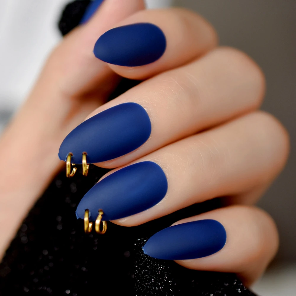 Gold Ring Matte Dark Blue Stiletto Fake Nails Oval Almond Pointed Frosted Full Cover Punk Style Press on False Wear Nail
Gold Ring Matte Dark Blue Stiletto Fake Nails Oval Almond Pointed Frosted Full Cover Punk Style Press on False Wear Nail