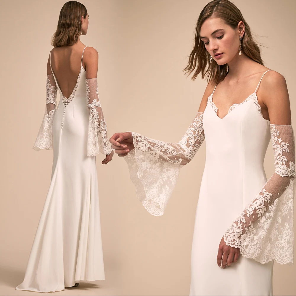 Sexy V-neck Sheath Bodice Lace Vestido De Novia Off The Shoulder Backless Chiffon Wedding Dresses With Flare Sleeve Bridal Gowns
Sexy V-neck Sheath Bodice Lace Vestido De Novia Off The Shoulder Backless Chiffon Wedding Dresses With Flare Sleeve Bridal Gowns