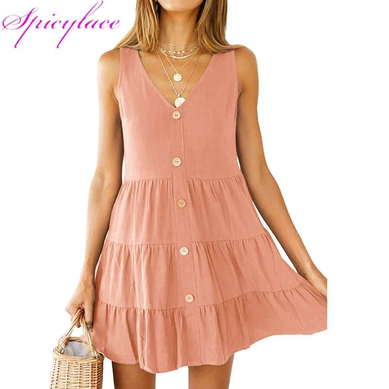 2019 summer new women button V-neck sling loose waist sleeve cake dress solid color female elegant cotton pleated tiered dresses
2019 summer new women button V-neck sling loose waist sleeve cake dress solid color female elegant cotton pleated tiered dresses
