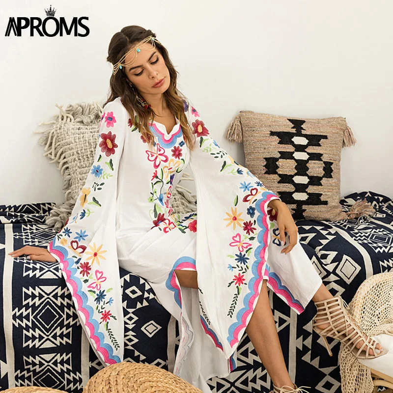 Aproms Bohemian Long Flared Sleeve Multi Flower Embroidery Maxi Dress Women Sexy Boho Side Split Festival Long Dresses Vestidos
Aproms Bohemian Long Flared Sleeve Multi Flower Embroidery Maxi Dress Women Sexy Boho Side Split Festival Long Dresses Vestidos