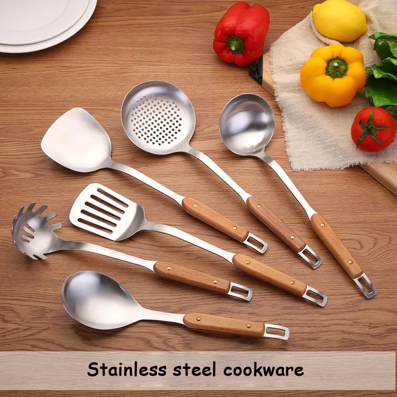 

Stainless Steel Cookware Set Wood Handle Soup Rice Scoop Steak Shovel Spatula Cooking Tools Japanese Colander Dinnerware Sets