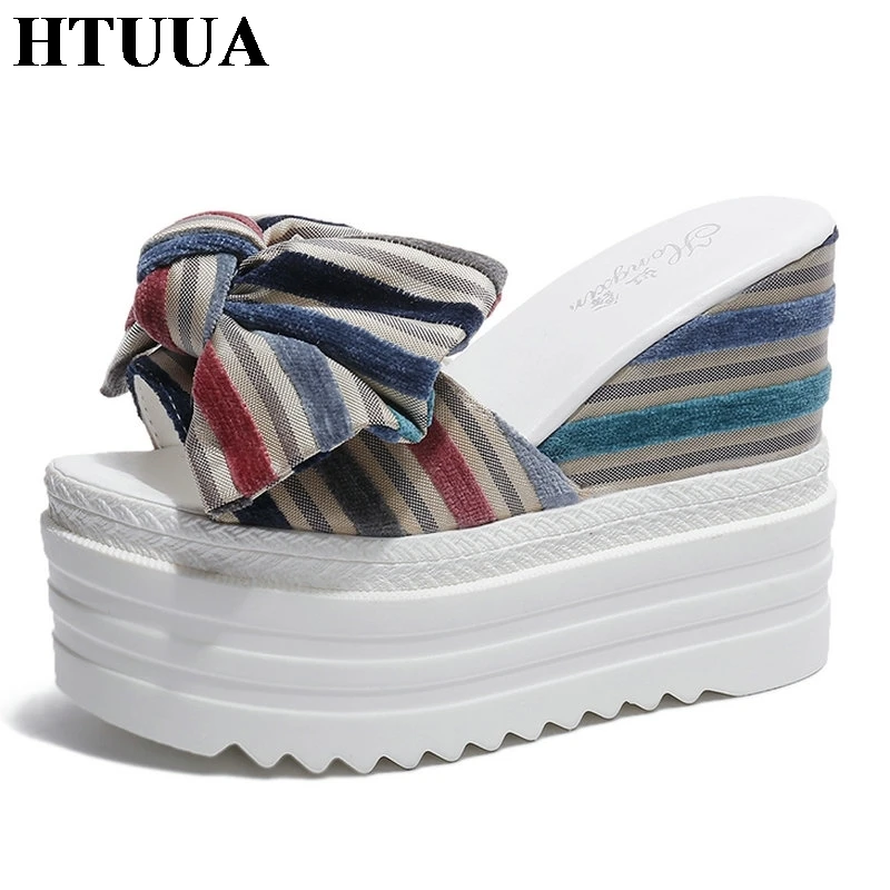 HTUUA 2019 Summer Striped Bow Wedge Slippers Women High Heels Slides Casual Platform Sandals Ladies Outside Beach Shoes SX2342
HTUUA 2019 Summer Striped Bow Wedge Slippers Women High Heels Slides Casual Platform Sandals Ladies Outside Beach Shoes SX2342