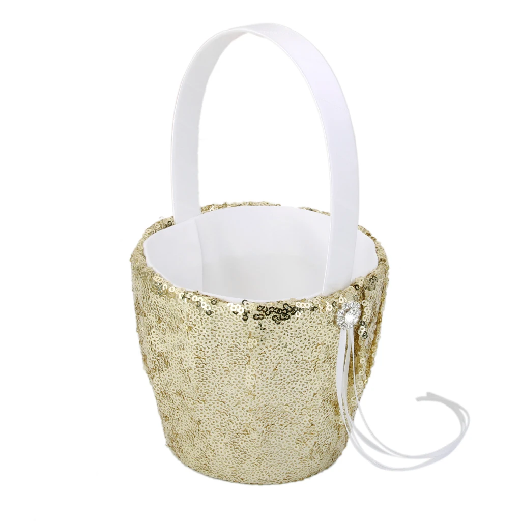 Gold Sequins Satin Wedding Flower Girl Basket and Ring Pillow Set Flower Girl Basket for Wedding Ceremony Party Decoration Gold Sequins Satin Wedding Flower Girl Basket and Ring Pillow Set Flower Girl Basket for Wedding Ceremony Party Decoration