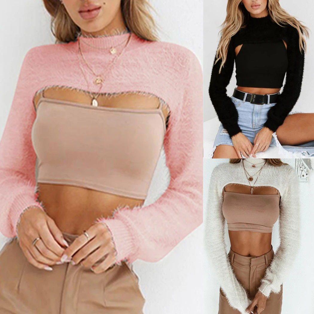 Women Sweater Cropped Plush Turtleneck Pullover Crop Top Shirts Sexy Hollow Out Jumper Autumn Winter Long Sleeve Streetwear 2018 | Женская