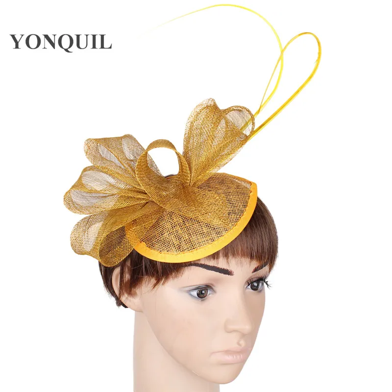

Women Sinamay Gold Bow Fascinators Hairpins Headwear For Ladies Elegant Party Headpiece Headbands Church Cocktail Hair Accessory