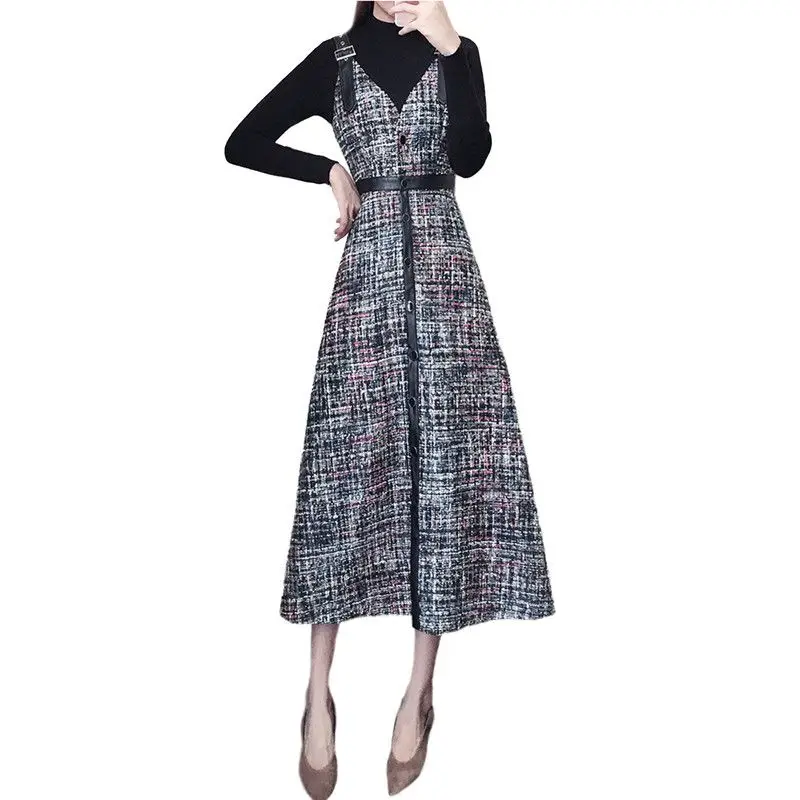 Women Autumn Winter 2 Pieces Suits Female Knitted Pullover Sweater Tops+Tweed A-Line Strap Dress Sets Ladies Elegant Sets V533
Women Autumn Winter 2 Pieces Suits Female Knitted Pullover Sweater Tops+Tweed A-Line Strap Dress Sets Ladies Elegant Sets V533
