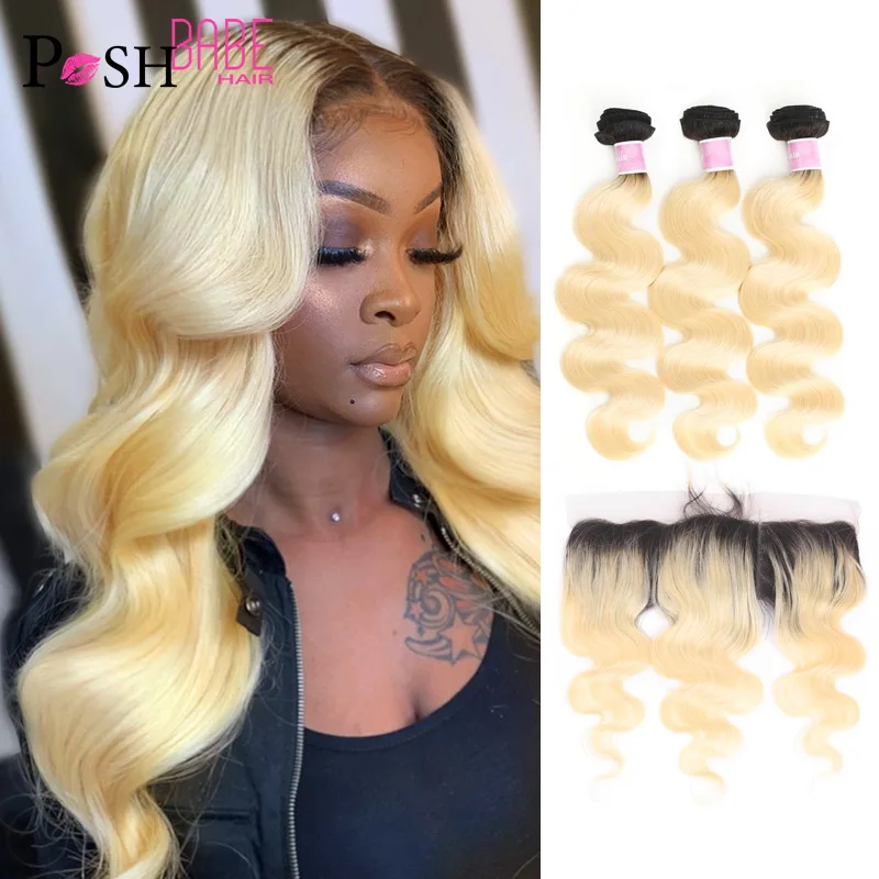 

Brazilian Body Wave Two Tone Ombre Blonde Human Hair 3 Bundles with 13x4 Lace Frontal Closure 1B 613 Color Bundles with Closure