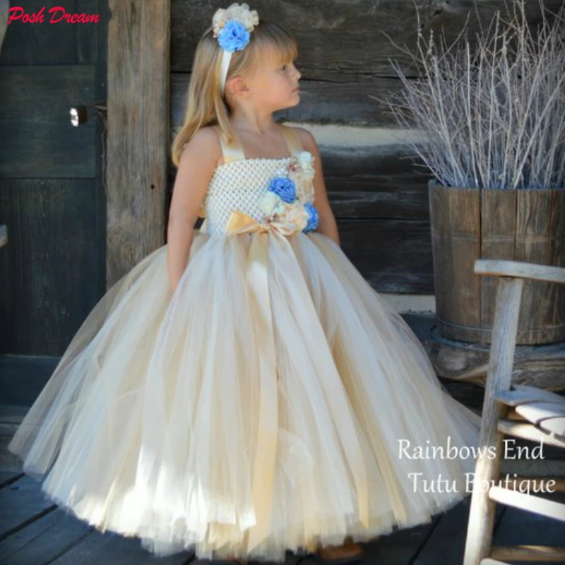 

POSH DREAM Vintage Charm Gold & Ivory Kids Girls Flower Couture Blue Flower Girl Wedding Tutu Dress Children Birthday Ball Gown