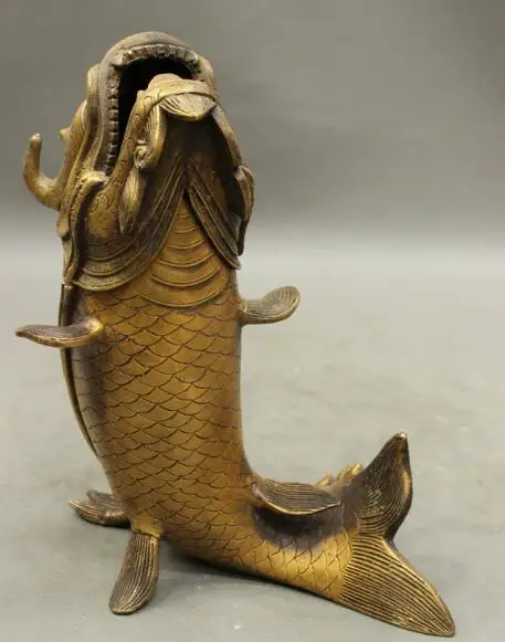 S7161 8" Folk Chinese Bronze Buddhism Dragon Fish Head Statue Incense Burner Censer D0318