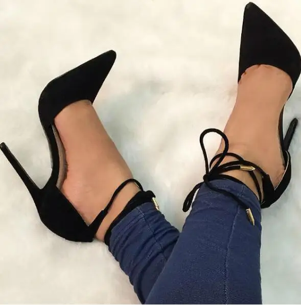 

Carpaton Hot Selling Wrap Around Pointed Toe High Heel Shoe 2019 Sexy Black Suede Lace-up Dress Shoe Cutouts Lady Shoe