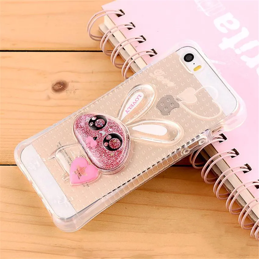 New Cute 3D Rabbit With Dynamic Liquid Quicksand Glitter Clear Phone font b Cases b font