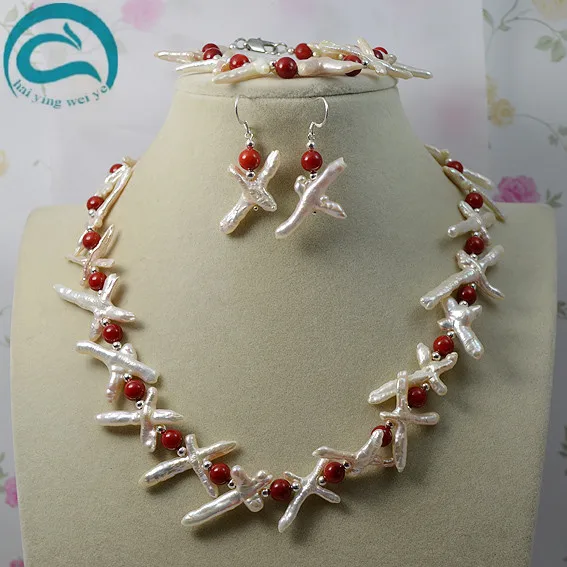 Gorgeous Pearl Jewelry.Natural White Color Cross Pearl Made With Red Corals Necklace Bracelet Earrings Jewelry Set
Gorgeous Pearl Jewelry.Natural White Color Cross Pearl Made With Red Corals Necklace Bracelet Earrings Jewelry Set