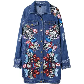 Spring and Autumn denim jacket Heavy Industry Embroidery Flowers Hole Washed Long Loose jeans coat
Spring and Autumn denim jacket Heavy Industry Embroidery Flowers Hole Washed Long Loose jeans coat