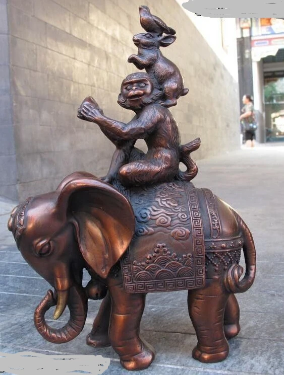Chinese Bronze Copper Feng Shui Auspicious Monkey Bird Ride on Elephant Statue discount 30%